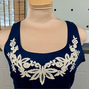 Navy Blue Dress with White Embroidery and Crinoline Ruffled Layer